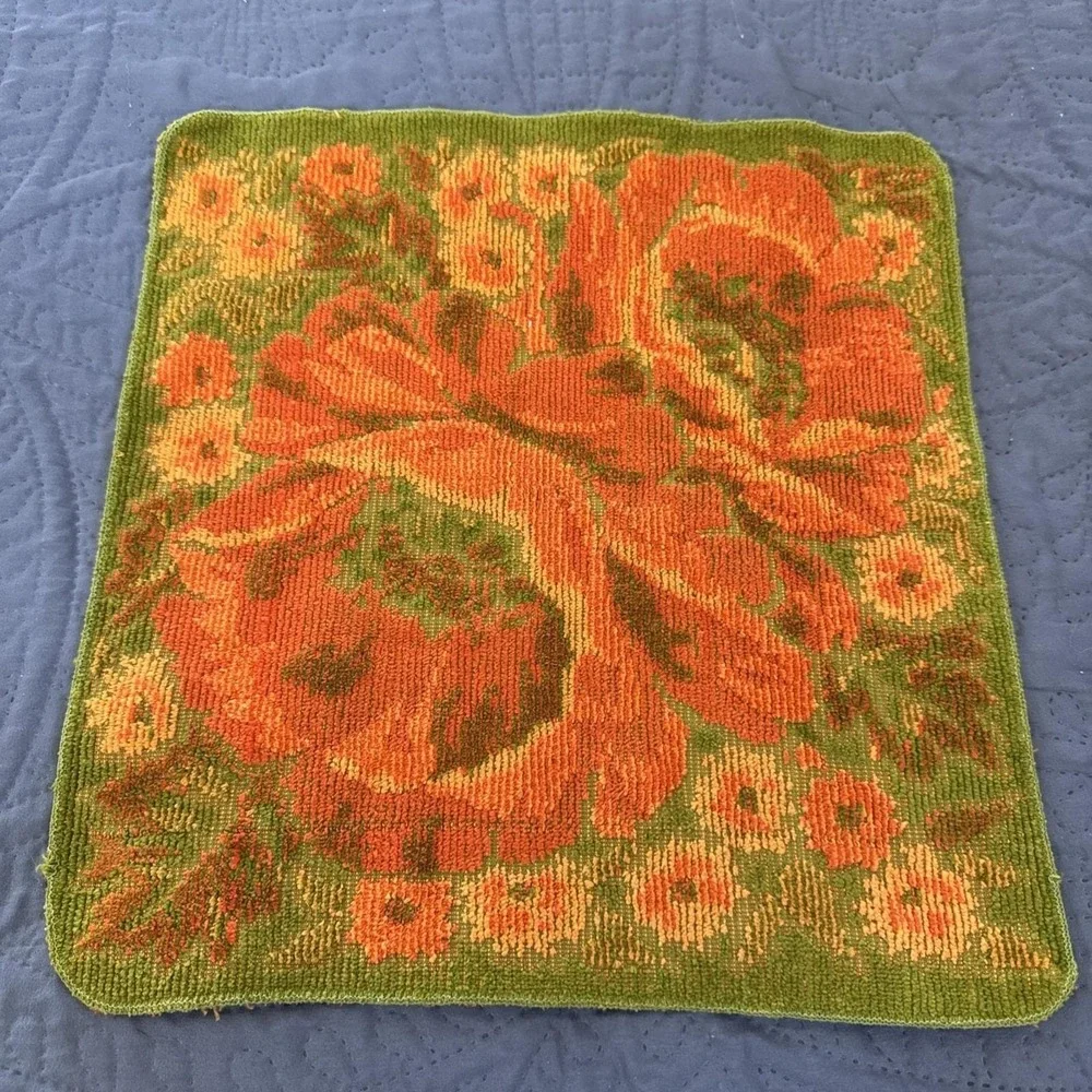 VTG Fieldcrest Orange Green Poppies 3 Towel Set Bath, Hand Towel and Washcloth